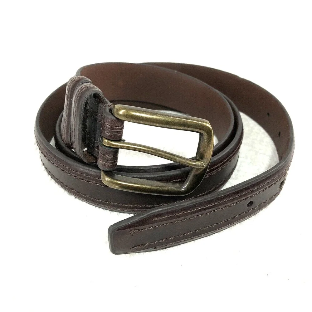 Genuine leather dress‎ belt men's 38-42 brown brass buckle stitch accent